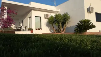 a white house with palm trees in a yard at La villa de Naomi in Chella