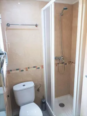 a small bathroom with a toilet and a shower at El Cabañal 400 meters from the Beach in Valencia