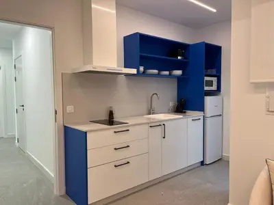 a kitchen with blue and white cabinets and a sink at Apartments Vent de Vela in Valencia