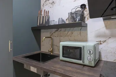 a microwave sitting on a counter next to a sink at AG7 Loft Valencia Espaciosos estudios con terraza cercanos al metro Zona Ayora in Valencia