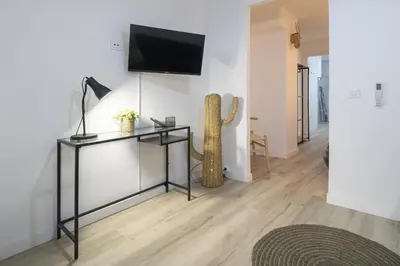 a living room with a tv on the wall and a cactus at LN4 - Loft Valencia Espacioso y acogedor estudio cerca del metro zona Ayora in Valencia