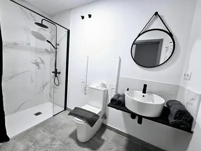 a bathroom with a toilet and a sink and a mirror at Apart Valencia A in Valencia