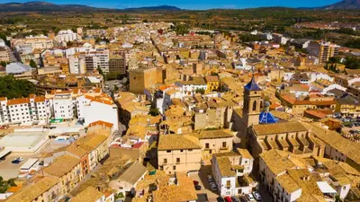 an aerial view of a city with buildings at Encanto Rural en Requena in Requena