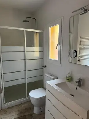 a bathroom with a shower and a toilet and a sink at Miguelete tower & 4th FLOOR & City center and no elevator in Valencia