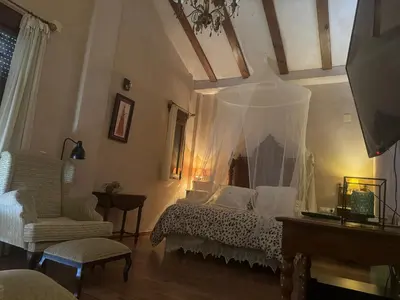 a bedroom with a bed and a couch and a chair at Hotel Rural Los Abriles in El Toro