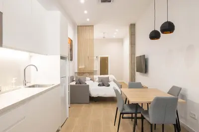 a kitchen and living room with a table and a bed at Luxury Apartments Oceanografic in Valencia