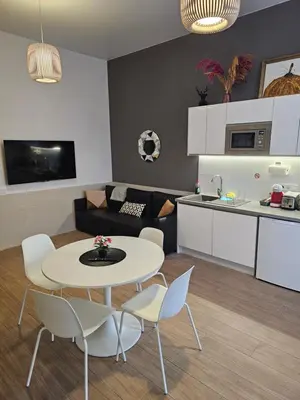 a kitchen and a living room with a table and chairs at Las Artes Luxury Double Room in Valencia