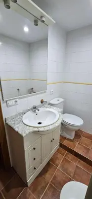 a bathroom with a sink and a toilet and a mirror at Vacansis Plaza de la Reina in Valencia