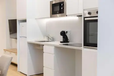 a white kitchen with a black dog sitting on a counter at Luxury Apartment Oceanografic 6 pax in Valencia