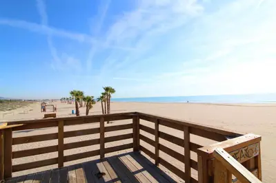 a boardwalk leading to the beach with palm trees at Global Vacacional, Apartamento en primera linea de playa en Canet de Berenguer in Canet de Berenguer
