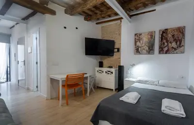 a bedroom with a bed and a desk and a tv at Colomer Silence in Valencia