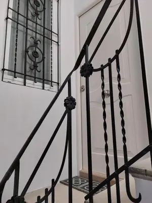 a black wrought iron staircase with a white door at Colomer Silence in Valencia