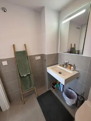 a bathroom with a sink and a mirror at Appartement avec vue piscine in Canet de Berenguer