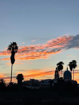 a sunset with a palm tree and a building at Valencia Apartamento Sol de Naranja in Sueca