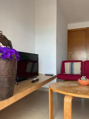 a living room with a flat screen tv and a table at La Calita del Versalles in Faro de Cullera