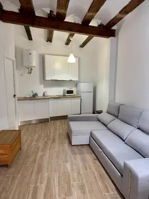 a living room with a couch and a kitchen at Piso 3 - Apartamento Mercado Central in Valencia