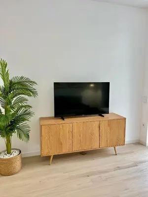 a flat screen tv sitting on top of a wooden cabinet at Anelsa Suites Serranos 1 in Valencia