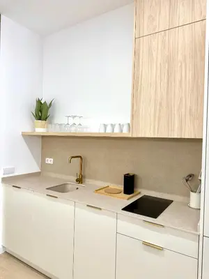 a kitchen with white cabinets and a sink at Anelsa Suites Serranos 1 in Valencia