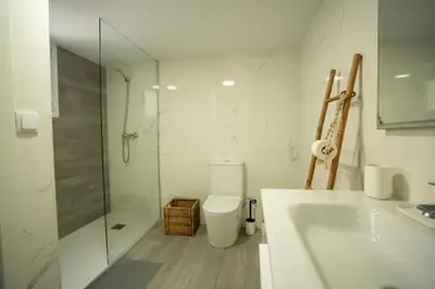 a bathroom with a shower and a toilet and a sink at Luminoso Apartamento Familiar y Patio Privado in Valencia