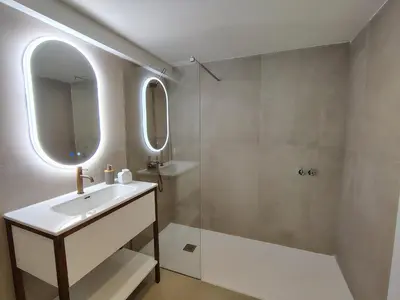 a bathroom with a sink and a mirror and a shower at Mandarina Suites - Unique apartments in Valencia in Valencia