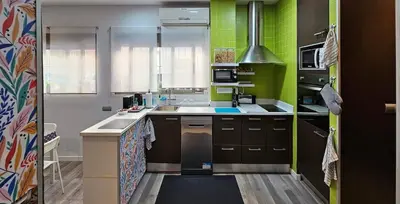 a kitchen with brown cabinets and green walls at Estudio Loft área Ruzafa in Valencia