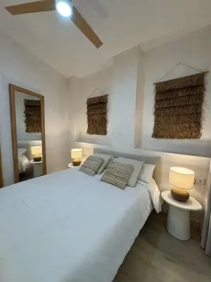 a bedroom with a white bed and a mirror at Anelsa Suites Serranos 3 in Valencia