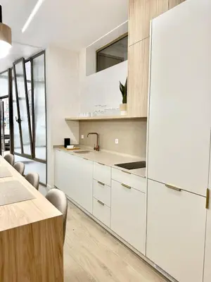 a kitchen with white cabinets and a large refrigerator at Anelsa Suites Serranos 3 in Valencia