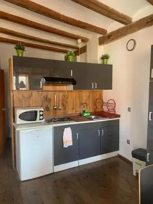 a kitchen with a stove and a microwave at Piso 4 - Apartamento Mercado Central in Valencia