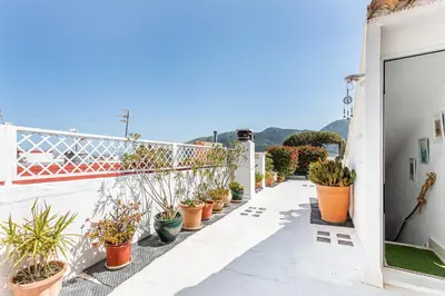 a balcony with potted plants on the side of a building at Romantic Mediterranean Riad in Tavernes de Valldigna