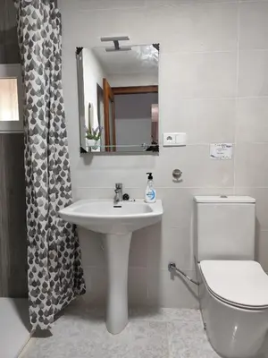 a bathroom with a sink and a toilet and a mirror at La Casa de los Alemanes in Gaibiel
