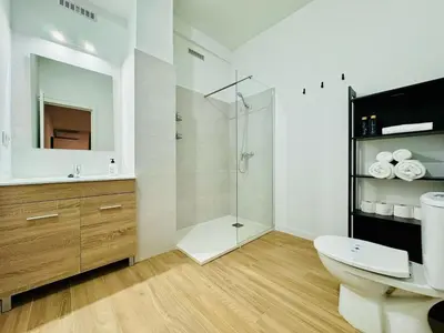 a bathroom with a shower and a toilet and a sink at ORI A Cool & wide apartment next to historic center in Valencia