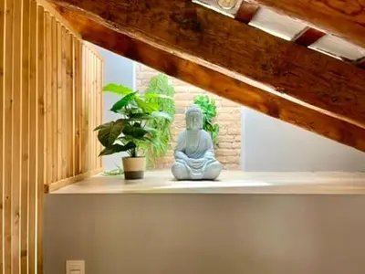 a statue sitting on a shelf next to a plant at Luminoso loft boutique a 5 min del metro in Bétera