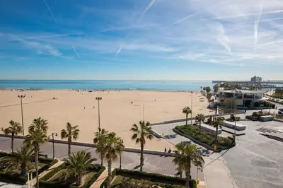 a view of a beach with palm trees and the ocean at Exclusivo apartamento a 5 minutos de la playa in Valencia