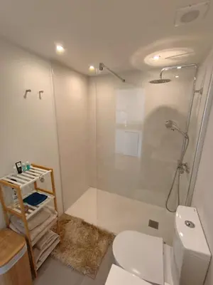 a bathroom with a shower and a white toilet at LOFT ROYAL - apartamento 