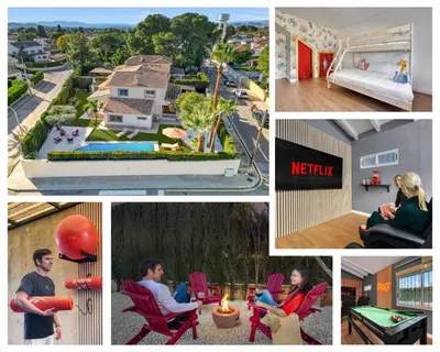 a collage of pictures of people in a house at Private Garden Villa near Valencia with Cinema and Gym in La Eliana