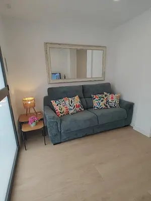 a living room with a couch and a mirror at New central flat with AC and Wifi in Valencia