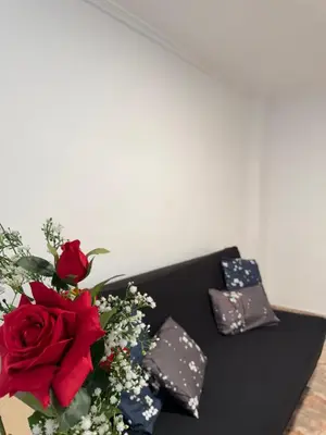 a black couch with a bouquet of red roses at Hogar Mediterráneo in Valencia