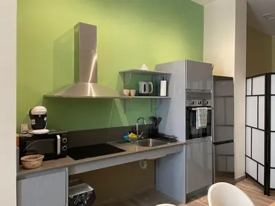 a kitchen with green walls and stainless steel appliances at Fabuloso apartamento en Ruzafa in Valencia