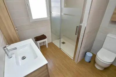 a bathroom with a shower and a sink and a toilet at Exclusive Villa in Catadau: Pool & Private Gardens in Catadau