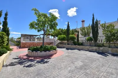 a courtyard with a tree in a pot at Exclusive Villa in Catadau: Pool & Private Gardens in Catadau