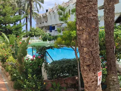 a resort with a palm tree and a swimming pool at Puebla de Farnals playa- Oasis Apartments - Costa de Valencia Beachside Stay in Puebla de Farnals