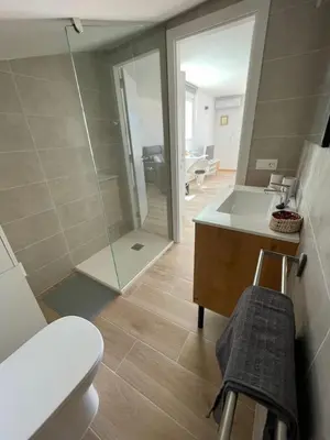 a bathroom with a shower and a sink and a toilet at More then a bright studio in Godella
