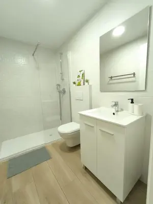 a bathroom with a toilet and a sink and a shower at White Lily in Godella