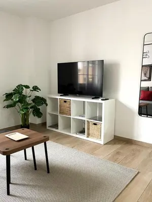 a living room with a television on a white shelf at Little Rose apartment in Godella
