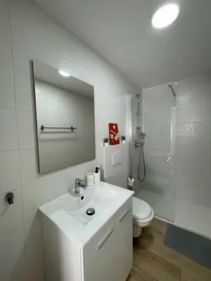 a bathroom with a sink and a toilet and a mirror at Little Rose apartment in Godella