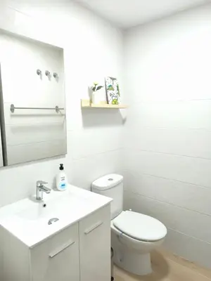 a white bathroom with a toilet and a sink at Cute little apartment in Godella