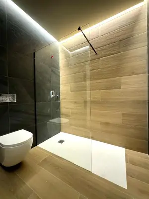 a bathroom with a toilet and a glass shower at Suite Palacio Congresos in Valencia