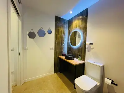 a bathroom with a toilet and a sink and a mirror at Hotel con entrada independiente a pocos pasos de la Ciudad de las Artes y las Ciencias y el Oceanogràfic A solo 1 minuto caminando del Jardín del Turia in Valencia