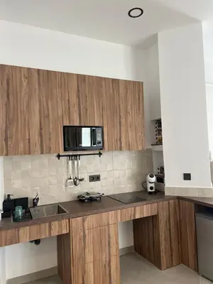 a kitchen with a counter with a sink and a microwave at Mistral Suites in Valencia