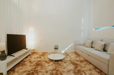 a living room with a couch and a tv at Apartment 2 City of Arts and Science Fast Wifi 2 in Valencia